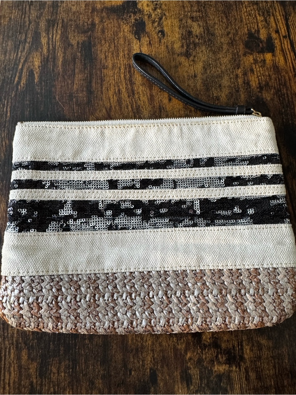GAP Canvas & Sequin Stripe Wristlet Clutch in Cream and Black